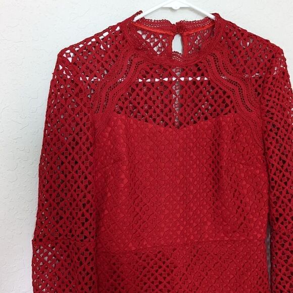 Women's Aqua Eyelet Mini Dress Red Bell Sleeve Geometric Lace Small Mock Neck - Picture 5 of 11